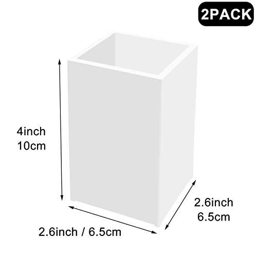 Cerpourt White Acrylic Pencil Pen Holder Cup 2 Pack,Desk Accessories Holder,Makeup Brush Storage Organizer,Modern Design Desktop Stationery Organizer for Office School Home Supplies,2.6x 2.6x 4 inches - Image 3