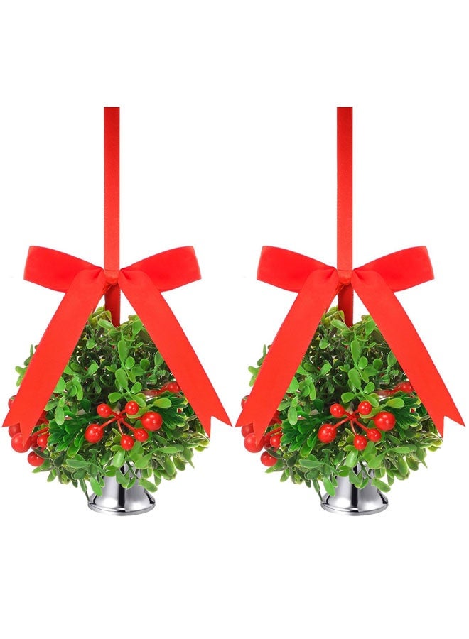 وهاواي 2 Pieces Christmas Mistletoe Hanging Ornaments with Red Berry Green Leaf Artificial Mistletoe Kissing Ball Bow Knots and Bells for Home Christmas Party Decor 5 Inch - Image 1