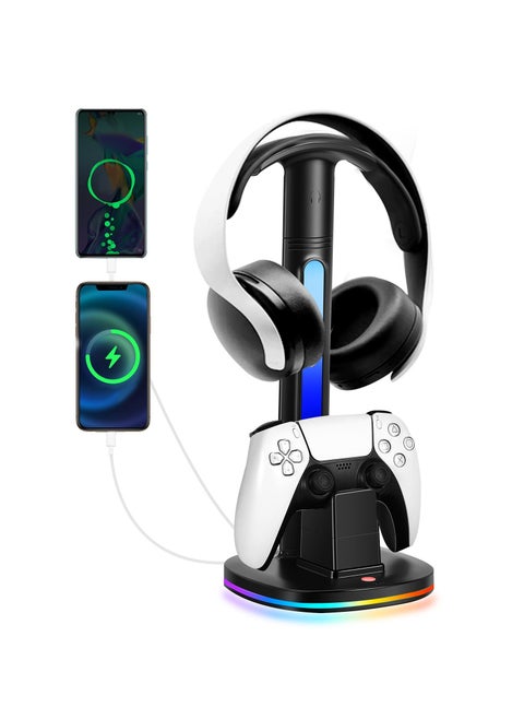 Controller Charging Station with RGB Headphone Stand for PS5 Controller,Charger Holder with 2 USB Charging Ports, Headset Stand for Playstation 5 Controller Charging Dock, Black