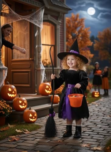 Kiddokids Witch Costume for Girls LightUp Dress with Hat Broom Accessories Halloween Costume Set for 312 Years Purple Witch Outfit for Halloween Parties Role Play - Image 5