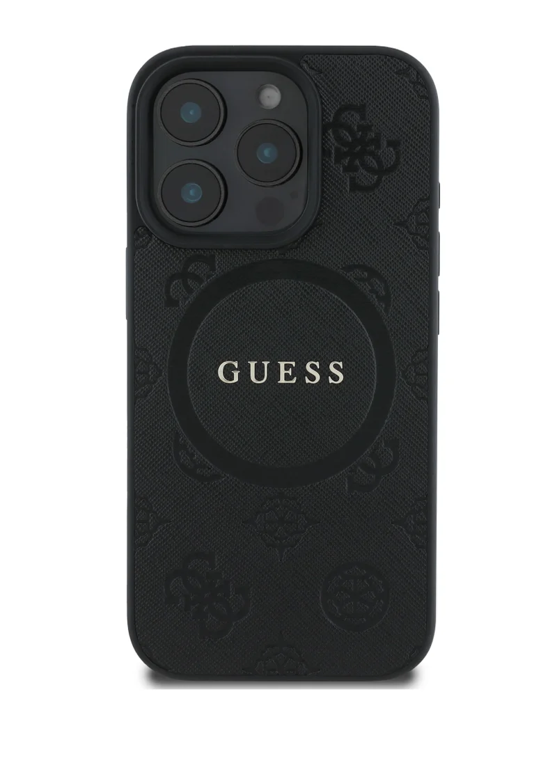 GUESS iPhone 16 Pro Max Magsafe Case Saffiano PU Cover with Peony Hot Stamp Pattern And Classic Logo / Drop Protection / Slim Back Cover - Black