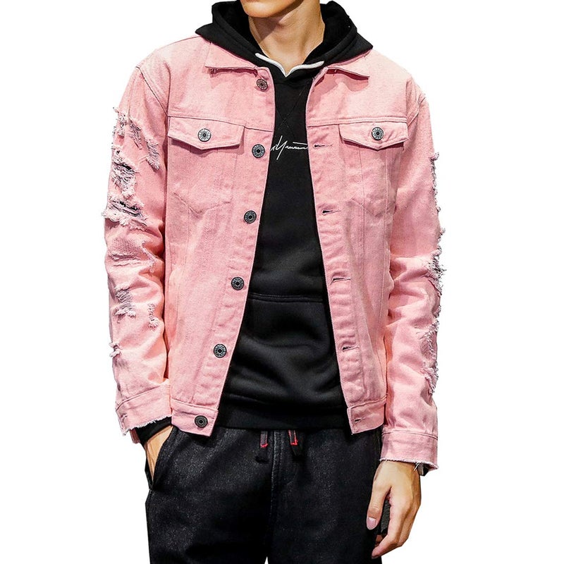 DAVID.ANN Men's Distressed Jean Coat Ripped Holes Button Down Denim Casual Trucker Jacket Outerwear,Pink,Small - Image 5