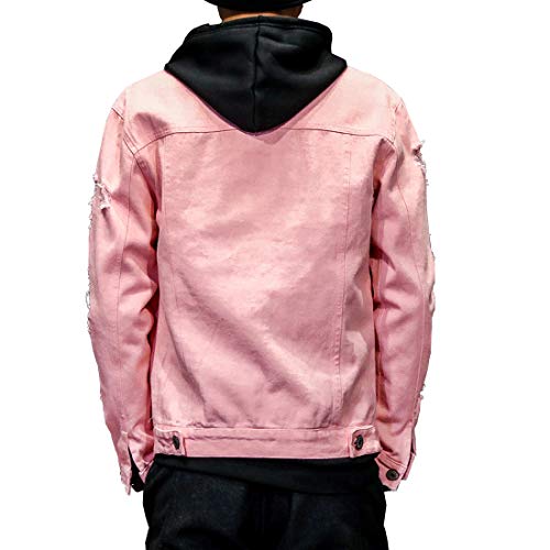 DAVID.ANN Men's Distressed Jean Coat Ripped Holes Button Down Denim Casual Trucker Jacket Outerwear,Pink,Small - Image 2