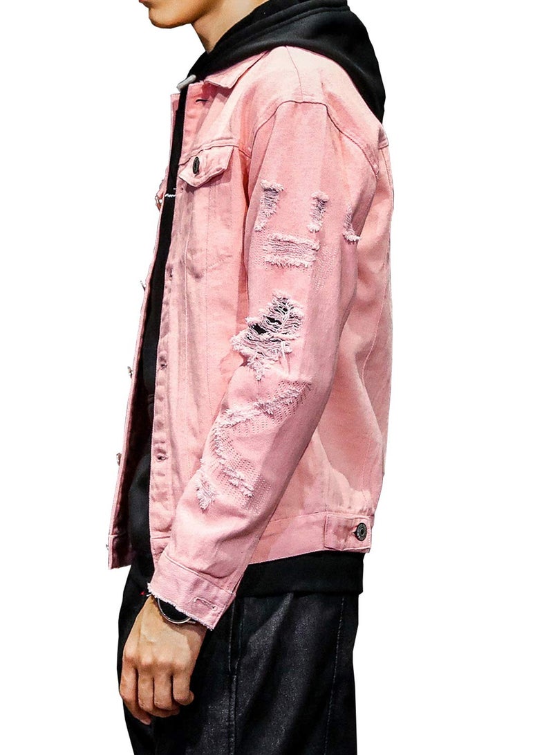DAVID.ANN Men's Distressed Jean Coat Ripped Holes Button Down Denim Casual Trucker Jacket Outerwear,Pink,Small - Image 3