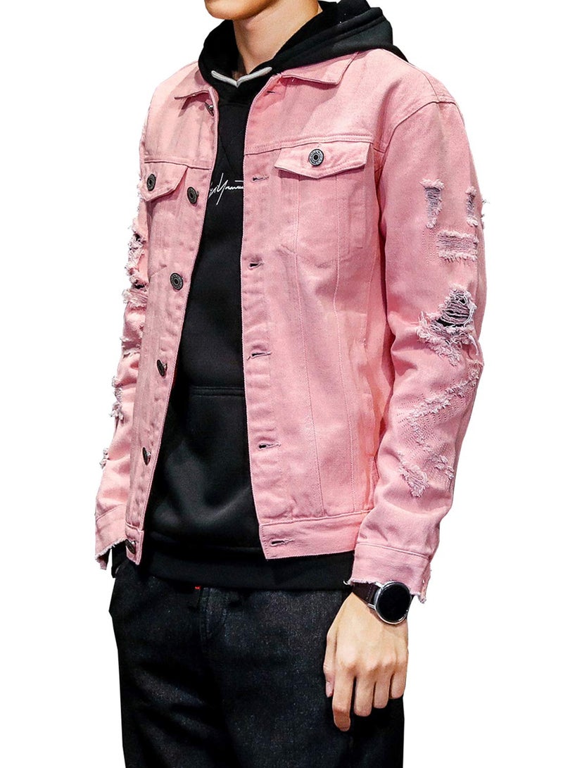 DAVID.ANN Men's Distressed Jean Coat Ripped Holes Button Down Denim Casual Trucker Jacket Outerwear,Pink,Small - Image 4