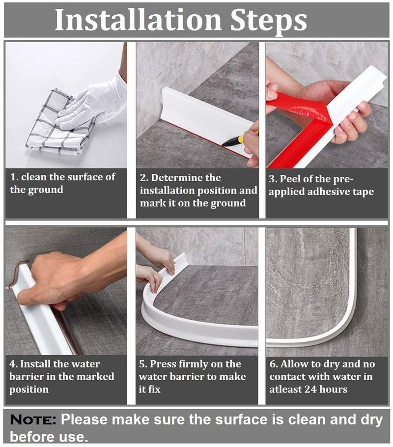 Roxbury 2 Meter Water Stopper for Bathroom Kitchen Slab Corner Threshold Water Dam Barrier Silicone Strip for Shower Floor Tiles Glue Included White 45cm Height - Image 4