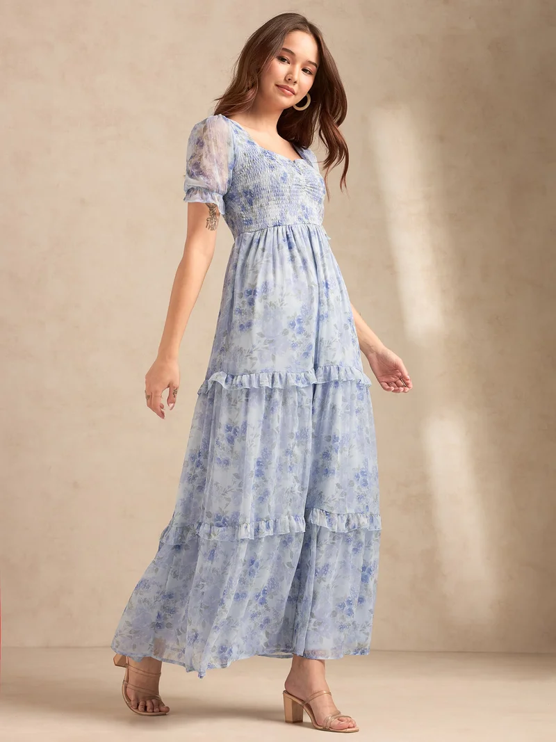OUTZIDR Blue Floral Printed Maxi Dress