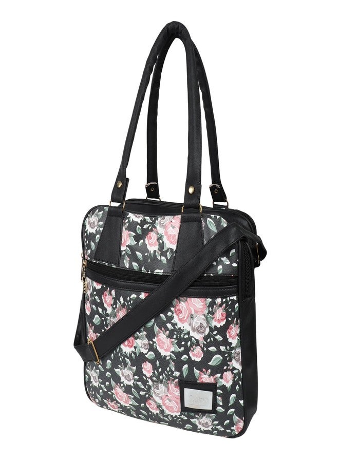 Nexeura Trendy Women’s Floral Tote Handbag - Designer Shoulder Bag, Crossbody Purse with Adjustable Strap, Lightweight PU Leather Office Bag, Spacious Satchel for Ladies, School, College (BLACK) - Image 2
