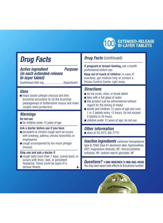 MUCINEX 12 Hour 600 mg Guaifenesin Extended-Release Tablets for Excess Mucus Relief, Expectorant Aids Excess Mucus Removal, Chest Congestion Relief, 100 Bi-Layer Tablets - Image 3