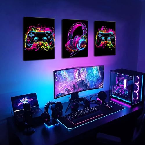 BGFCE Game Room Decor Set of 3, Neon Gaming Video Game Room Wall Art, Gaming Canvas Paintings Posters Prints for Teen Boys Room Children Teen Wall Decor Framed 12x16 in - Image 2
