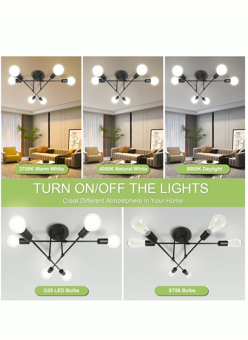 MIXDE - Modern Sputnik Chandelier Ceiling Light Fixture with 6 Lights Black Mid Century Semi Flush Mount Ceiling Lights Fixture for Bedroom Dining Room Living Room Kitchen, Bulbs Not Included - Image 1