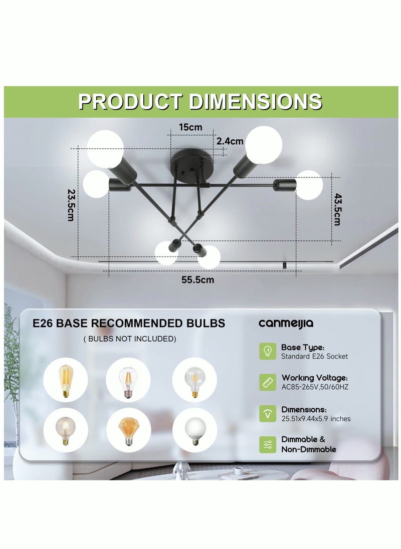 MIXDE - Modern Sputnik Chandelier Ceiling Light Fixture with 6 Lights Black Mid Century Semi Flush Mount Ceiling Lights Fixture for Bedroom Dining Room Living Room Kitchen, Bulbs Not Included - Image 1