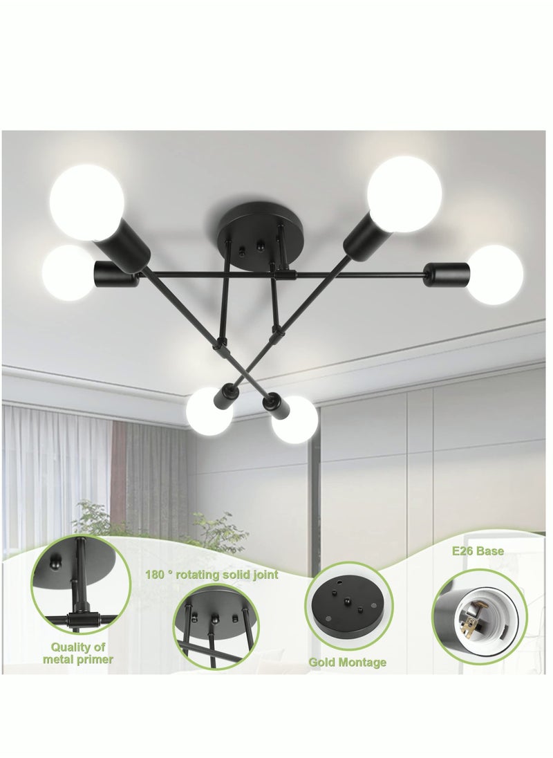 MIXDE - Modern Sputnik Chandelier Ceiling Light Fixture with 6 Lights Black Mid Century Semi Flush Mount Ceiling Lights Fixture for Bedroom Dining Room Living Room Kitchen, Bulbs Not Included - Image 1