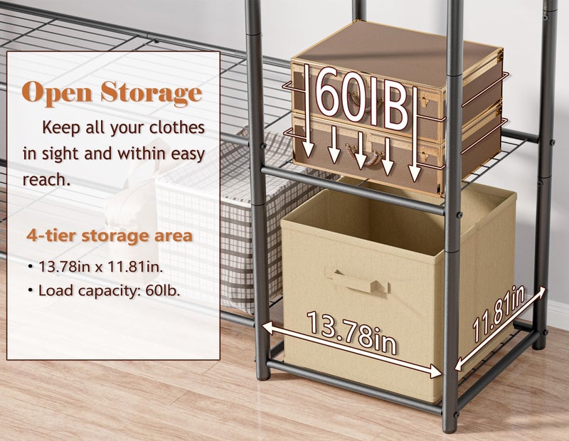 HOMIDEC Wardrobe Closet,Portable Clothes Rack with 4 Tiers Shelves,Freestanding Closet Organizers and Storage System with Hanging Rods,Steel Clothing Rack Suitable for Cloakrooms,Bedrooms,Entrances,etc.Black - Image 5