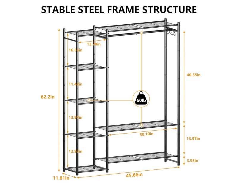 HOMIDEC Wardrobe Closet,Portable Clothes Rack with 4 Tiers Shelves,Freestanding Closet Organizers and Storage System with Hanging Rods,Steel Clothing Rack Suitable for Cloakrooms,Bedrooms,Entrances,etc.Black - Image 3
