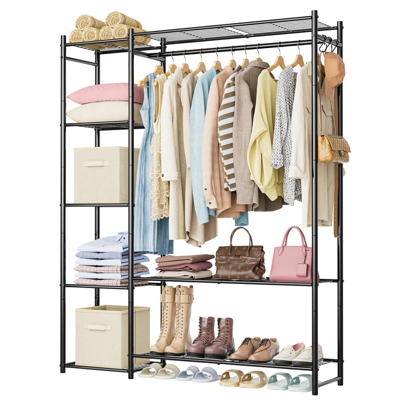 HOMIDEC Wardrobe Closet,Portable Clothes Rack with 4 Tiers Shelves,Freestanding Closet Organizers and Storage System with Hanging Rods,Steel Clothing Rack Suitable for Cloakrooms,Bedrooms,Entrances,etc.Black - Image 1