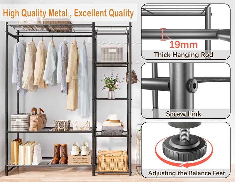 HOMIDEC Wardrobe Closet,Portable Clothes Rack with 4 Tiers Shelves,Freestanding Closet Organizers and Storage System with Hanging Rods,Steel Clothing Rack Suitable for Cloakrooms,Bedrooms,Entrances,etc.Black - Image 4