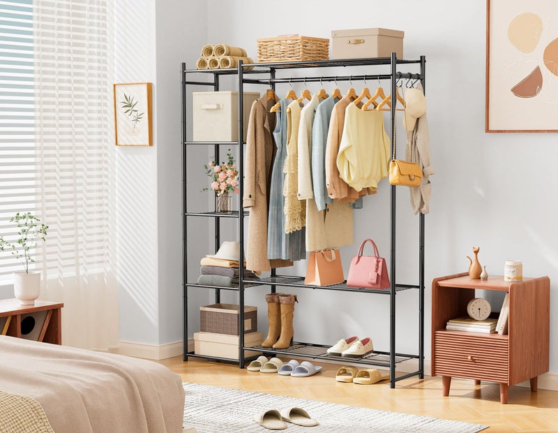 HOMIDEC Wardrobe Closet,Portable Clothes Rack with 4 Tiers Shelves,Freestanding Closet Organizers and Storage System with Hanging Rods,Steel Clothing Rack Suitable for Cloakrooms,Bedrooms,Entrances,etc.Black - Image 2
