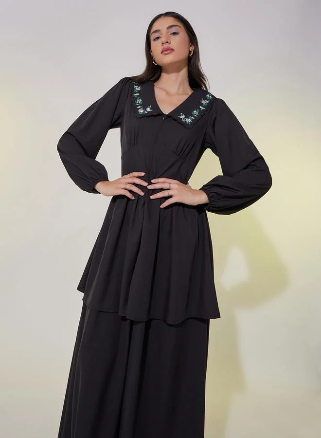 Styli Styli Embroidered Long Sleeve Maxi Dress with Corset Detail