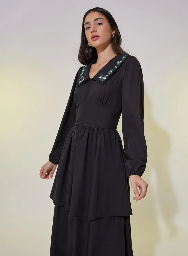 Styli Styli Embroidered Long Sleeve Maxi Dress with Corset Detail