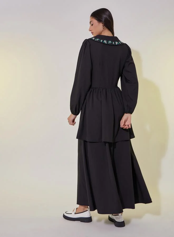 Styli Styli Embroidered Long Sleeve Maxi Dress with Corset Detail