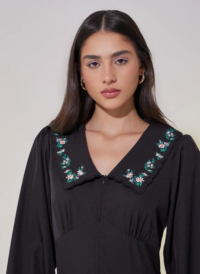 Styli Styli Embroidered Long Sleeve Maxi Dress with Corset Detail