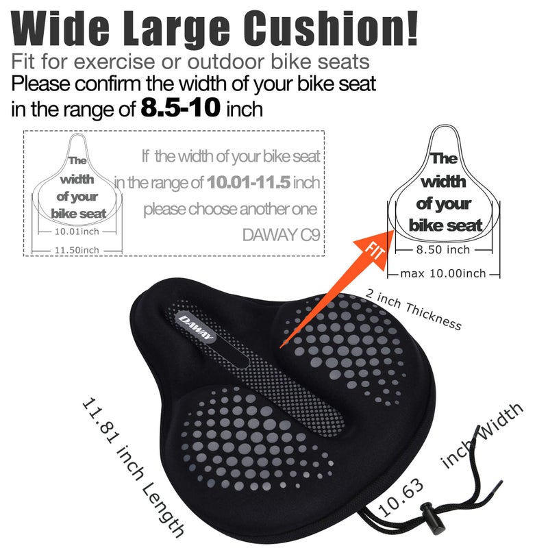 DAWAY C6F Comfortable Bike Seat Cover - Large Wide Gel & Foam Padded Bike Seat Cushion for Women Men, Comfort, for Peloton, Stationary Exercise, Mountain and Cruiser Bicycle Saddles, Soft - Image 2
