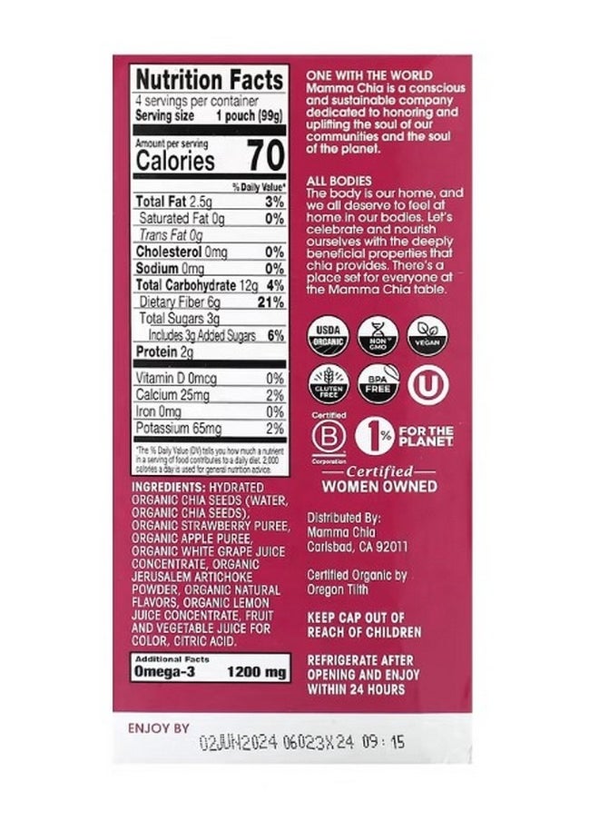 Mamma Chia Organic Chia Prebiotic Squeeze Snack Strawberry Lemonade 4 Pack 3.5 oz 99 g Each  - Image 2