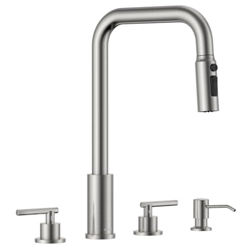APPASO 4 Hole Kitchen Faucet with Pull Down Sprayer 3 Hole Dual Handle Kitchen Faucet with Soap Dispenser and 3Function Spray 2 Handles Brushed Nickel Stainless Steel for 3Hole 4 Holes Sink - Image 1
