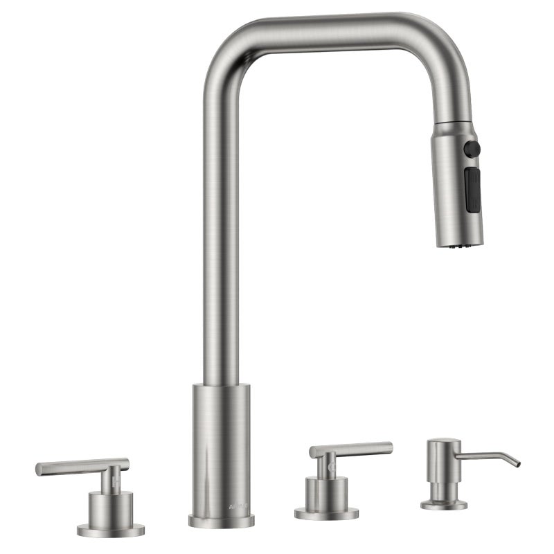 APPASO 4 Hole Kitchen Faucet with Pull Down Sprayer 3 Hole Dual Handle Kitchen Faucet with Soap Dispenser and 3Function Spray 2 Handles Brushed Nickel Stainless Steel for 3Hole 4 Holes Sink - Image 2