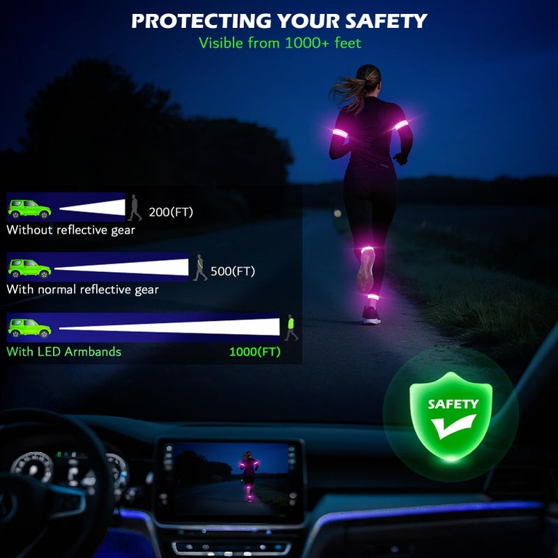 Hoeraonr LED Armband Rechargeable for Running(2 Pack),Light Up Arm Bands for Night Walking,Running Lights for Runners,High Visibility Reflective Running Gearr for Night Safety Light Up Wristbands (Pink) - Image 2