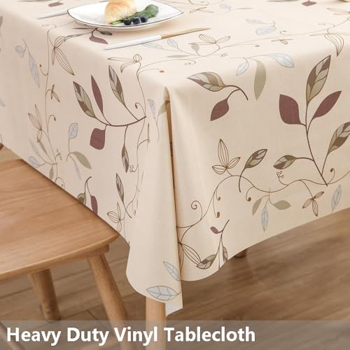 TruDelve Heavy Duty Vinyl Tablecloth Beige Plastic Table Cloth Waterproof Wipeable Oilcloth Tablecloths for Rectangle Tables (54'' x 72'', Leaves) - Image 2