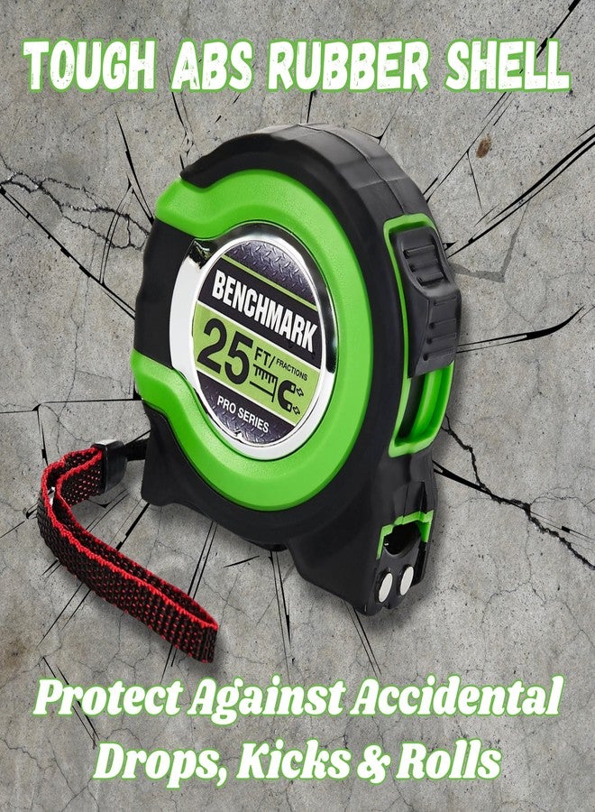 Benchmark 3 Pack - Tape Measures 25 ft - Easy to Read Fractions to 1/8th inch - Magnetic Tip - Thumb and Quick Lock - Autowind - Belt Clip - Green - Measuring Tape Retractable - Image 2