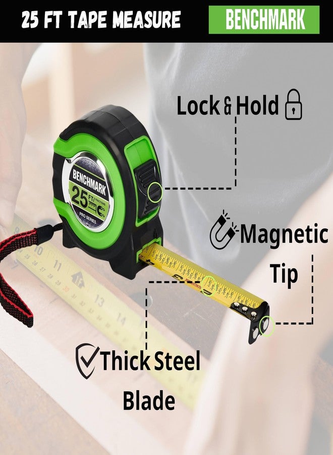 Benchmark 3 Pack - Tape Measures 25 ft - Easy to Read Fractions to 1/8th inch - Magnetic Tip - Thumb and Quick Lock - Autowind - Belt Clip - Green - Measuring Tape Retractable - Image 4