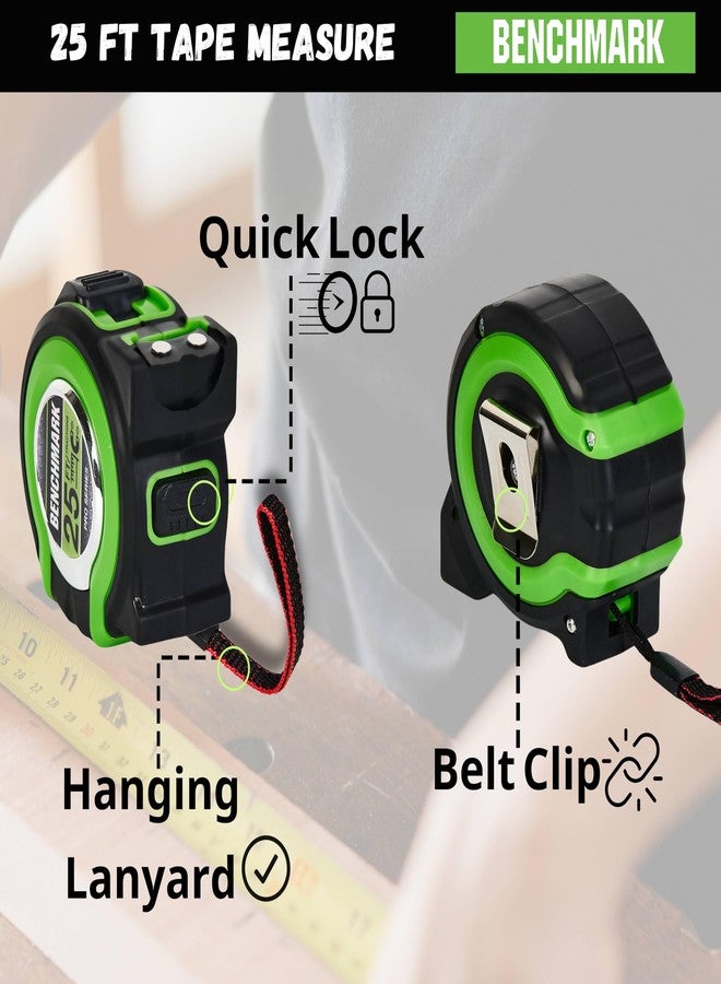 Benchmark 3 Pack - Tape Measures 25 ft - Easy to Read Fractions to 1/8th inch - Magnetic Tip - Thumb and Quick Lock - Autowind - Belt Clip - Green - Measuring Tape Retractable - Image 3