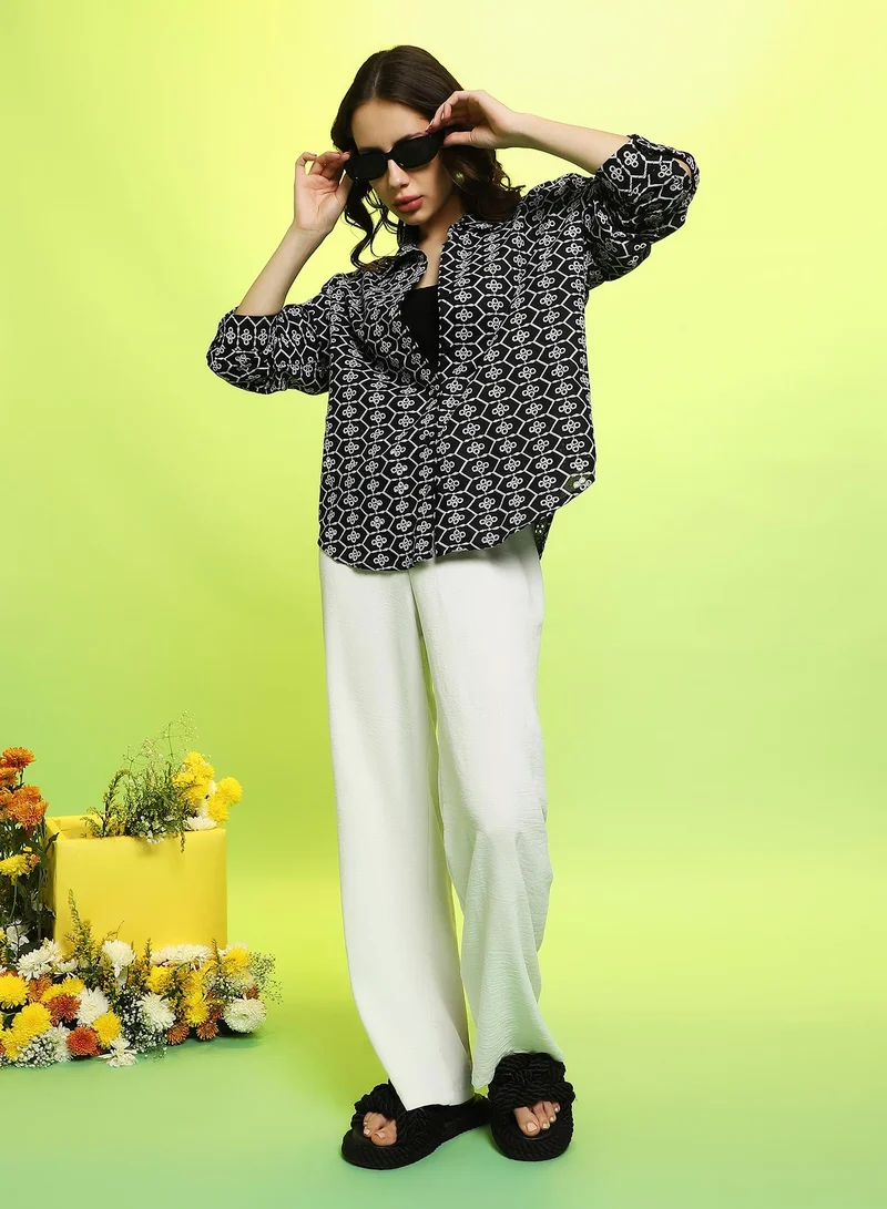 Campus Sutra Campus Sutra Women's Obsidian Black Embroidered Geometric Oversized Shirt For Casual Wear | Spread Collar | Long Cuffed Sleeves | Button Closure | Oversized Shirt Crafted With Comfort Fit For Everyday Wear