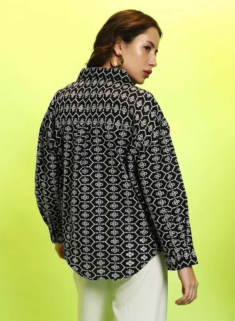 Campus Sutra Campus Sutra Women's Obsidian Black Embroidered Geometric Oversized Shirt For Casual Wear | Spread Collar | Long Cuffed Sleeves | Button Closure | Oversized Shirt Crafted With Comfort Fit For Everyday Wear