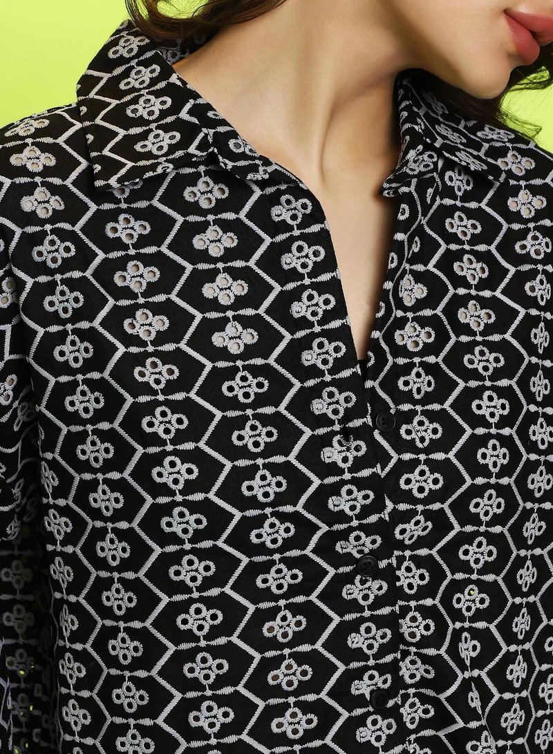 Campus Sutra Campus Sutra Women's Obsidian Black Embroidered Geometric Oversized Shirt For Casual Wear | Spread Collar | Long Cuffed Sleeves | Button Closure | Oversized Shirt Crafted With Comfort Fit For Everyday Wear