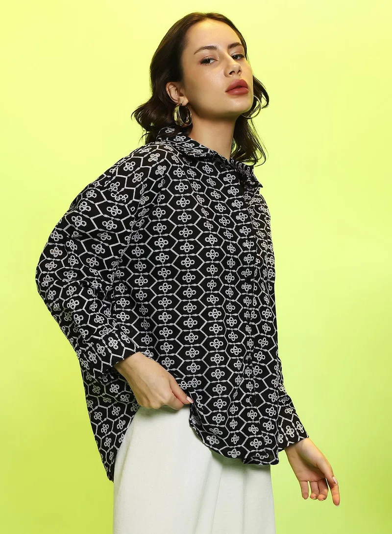 Campus Sutra Campus Sutra Women's Obsidian Black Embroidered Geometric Oversized Shirt For Casual Wear | Spread Collar | Long Cuffed Sleeves | Button Closure | Oversized Shirt Crafted With Comfort Fit For Everyday Wear