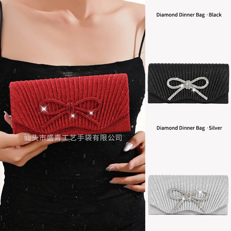 New Bow Bag Diamond Evening Bag Red Valentine'S Day Clutch Bag Mini Pleated Evening Bag For Women - Image 2