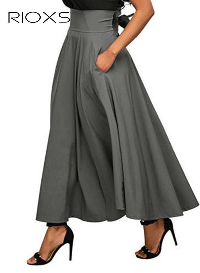 RIOXS Women's Casual High Waist A-Line Skirt Pleated Slim Fit Lace Up Maxi Skirt With Pockets - Image 1