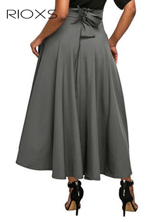 RIOXS Women's Casual High Waist A-Line Skirt Pleated Slim Fit Lace Up Maxi Skirt With Pockets - Image 2