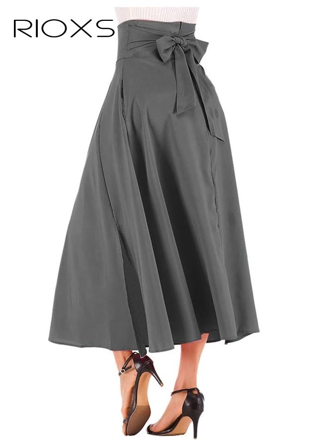 RIOXS Women's Casual High Waist A-Line Skirt Pleated Slim Fit Lace Up Maxi Skirt With Pockets - Image 5