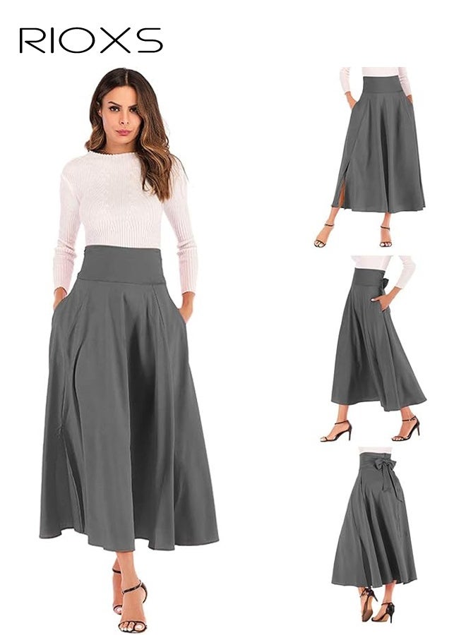 RIOXS Women's Casual High Waist A-Line Skirt Pleated Slim Fit Lace Up Maxi Skirt With Pockets - Image 4