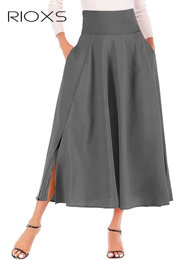 RIOXS Women's Casual High Waist A-Line Skirt Pleated Slim Fit Lace Up Maxi Skirt With Pockets - Image 3
