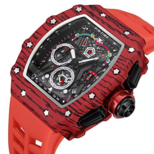 PINTIME Fashion Mens Tonneau Watch Hollow Punk Chronograph Sports Wristwatch Luxury Designer Mens Quartz Silicone Watches - Image 5