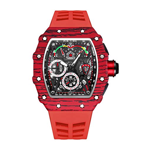PINTIME Fashion Mens Tonneau Watch Hollow Punk Chronograph Sports Wristwatch Luxury Designer Mens Quartz Silicone Watches - Image 1