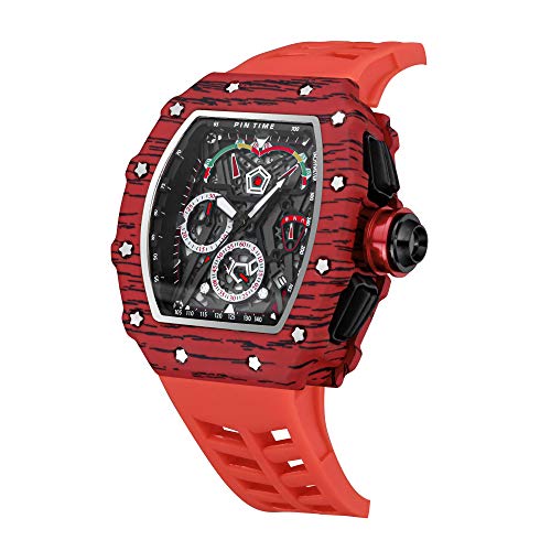 PINTIME Fashion Mens Tonneau Watch Hollow Punk Chronograph Sports Wristwatch Luxury Designer Mens Quartz Silicone Watches - Image 2