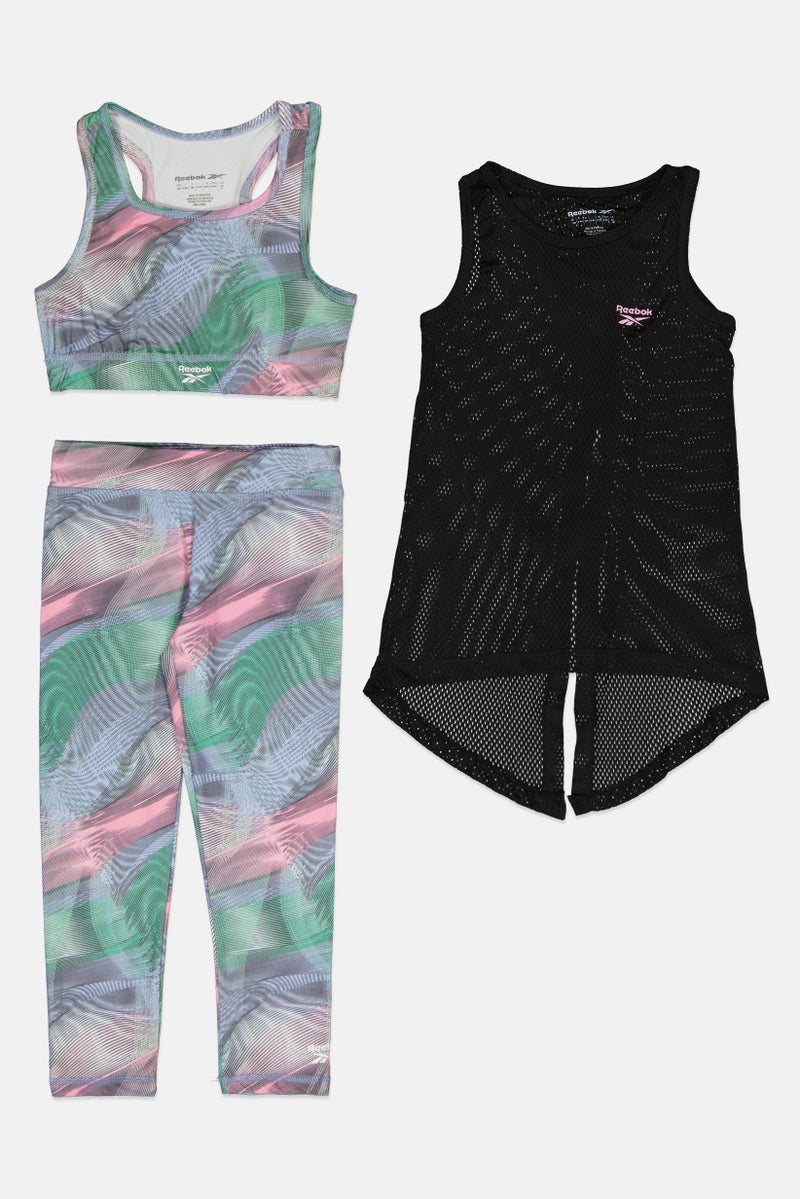 Reebok Kids Girl 3 Pieces Brand Logo Sportswear Tank Top, Sports Bra and Leggings Set, Multicolor - Image 1