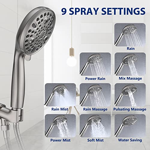 YASINU High Pressure 10-Setting Handheld Shower Head, 5" Detachable Shower Spray, 79" Extra Long Stainless Steel Hose, Adjustable Bracket - Brushed Nickel - Image 3